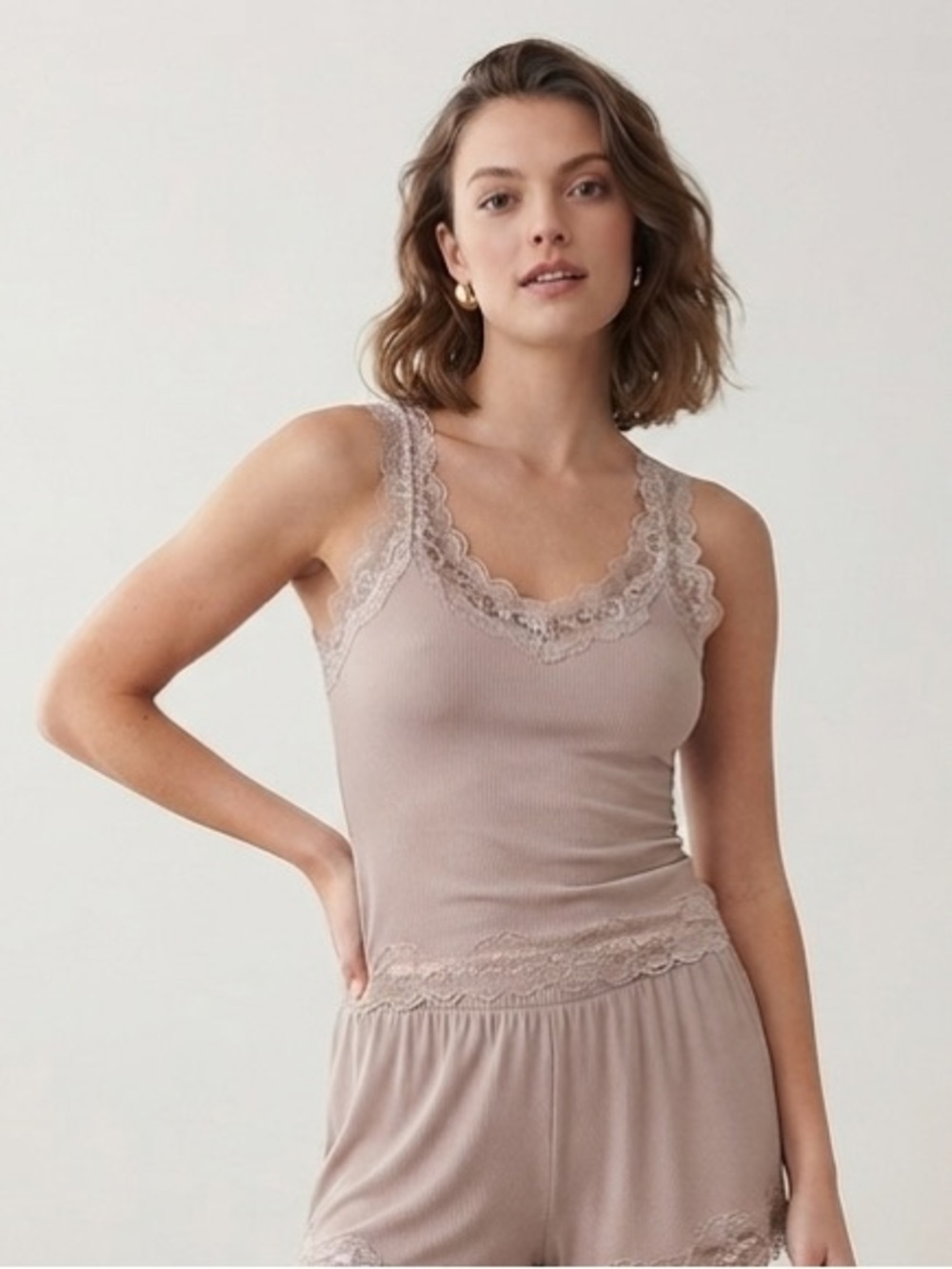 Pink Rose Lace Trimmed Tan Chemise